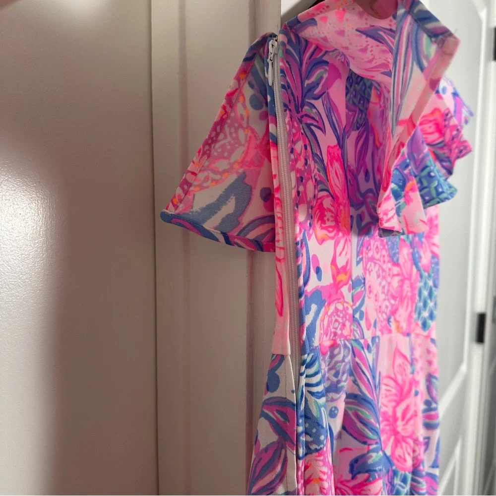 Lilly Pulitzer (2) “Kipton” Romper - One Shoulder Blue / Pink Floral Print - Picture 4 of 11